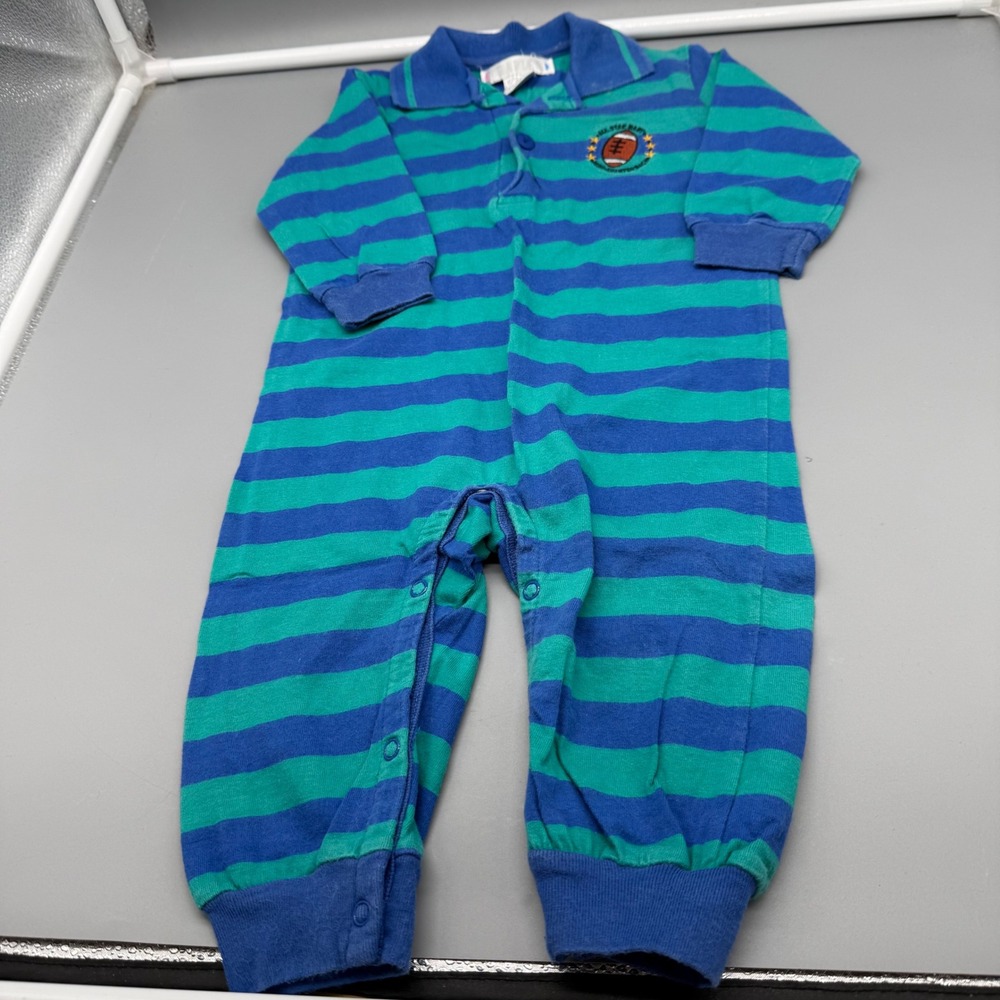 Cradles Vintage Baby Boy Blue Green Striped Football Romper 6-9 Months Cotton
